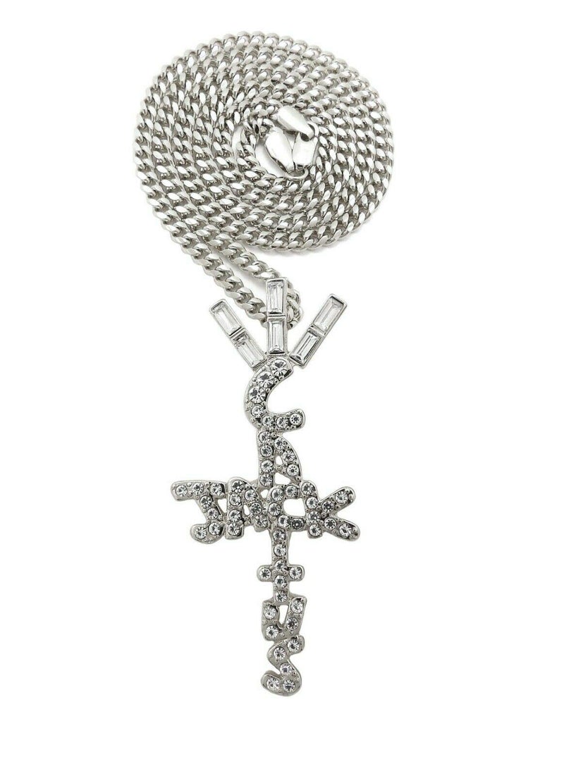 BLINGFACTORY Hip Hop Iced Crystal Cactus Jack Cross Pendant & 3mm 24 Miami Cuban Chain Necklace - Image 1